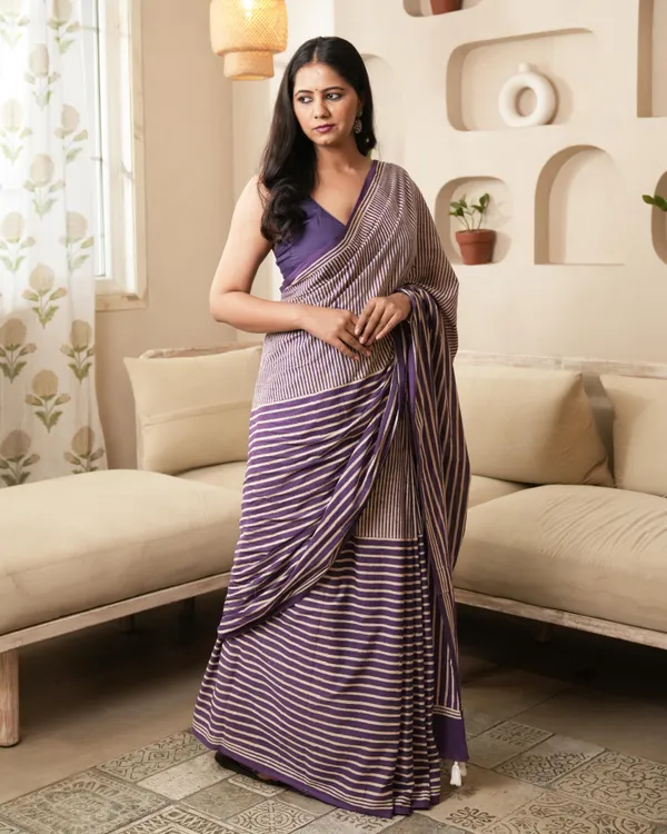 Multicolour_Cotton_Stripes_H_Block_Printed_Mul_Saree_With_Tassels_For_Women